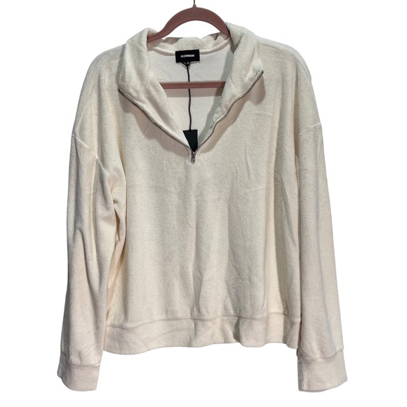 MONROW Quarter Zip Pullover Sweatshirt Top Womens XL Cream Collar Terrycloth NWT - Picture 1 of 7